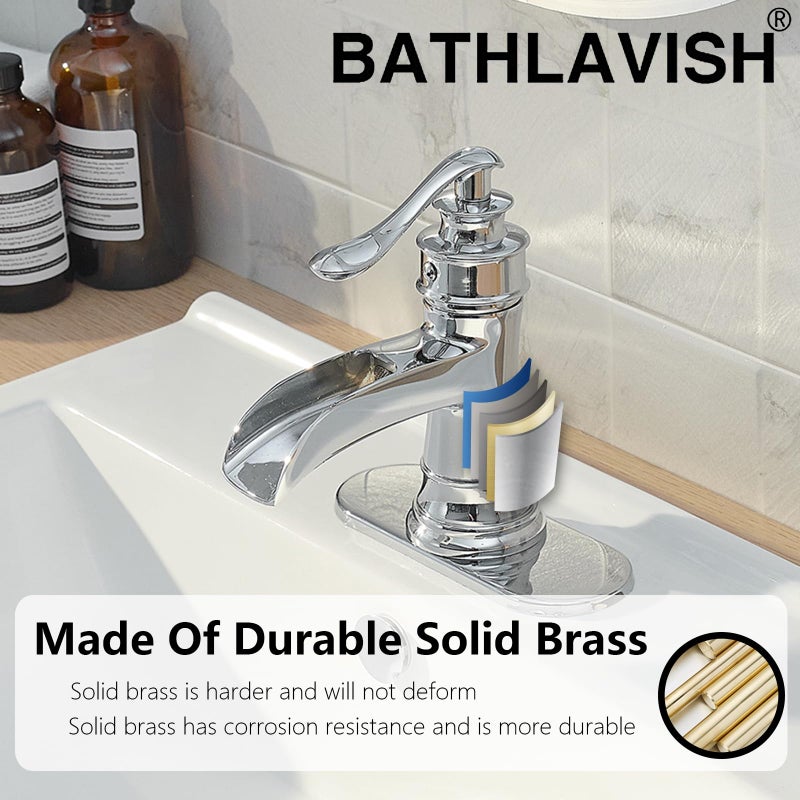 BATHLAVISH Polished Chrome Waterfall Bathroom Faucet, Single Handle Bathroom Sink Faucet 1 Hole or 3 Hole, Vanity Sink Faucet for Vintage Antique Lavatory Washroom with Pop Up Drain, Deck, 2 Hoses - Image 5